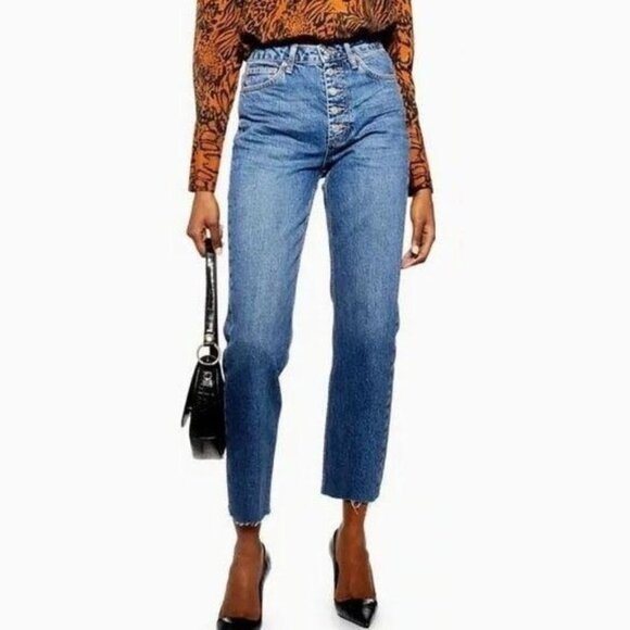 2/$30 Topshop Straight High Rise Button-fly Straight Raw Hem Mid Blue W28 #9288 - Picture 1 of 10